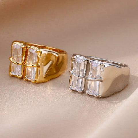 Irregular Square Zircon Rings for Women - Stainless Steel Geometric Opening Ring for Weddings and Parties | Trendy Fashion Jewelry Gift 2025