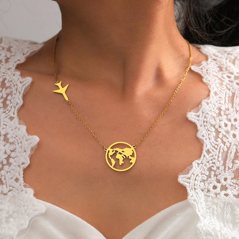 Stainless Steel Airplane Globe Map Necklace - Travel Themed Choker Pendant for Men & Women