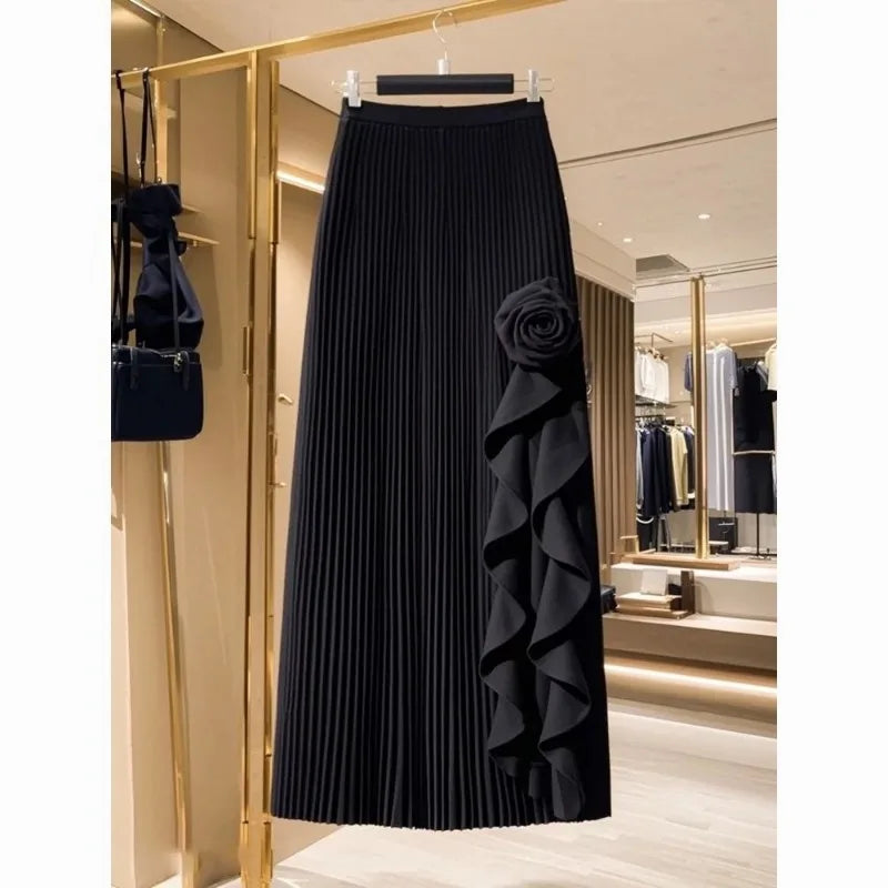 OCEANLOVE Irregular Ruffles Women Skirts - Elegant Retro Pleated A-line Skirt for Autumn & Winter