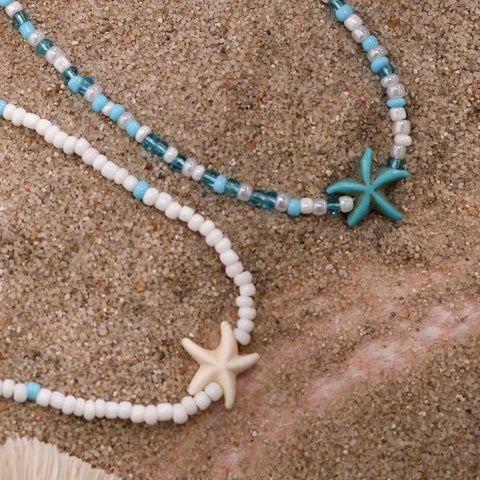 Bohemian Double Seed Bead Chain Clavicle Necklace with Vintage Acrylic Turtle and Starfish Pendant for Women