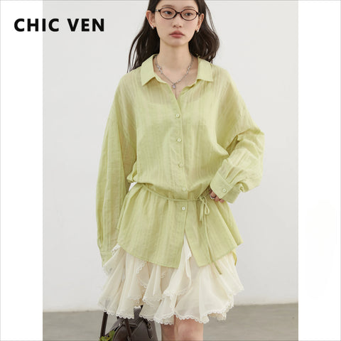 CHIC VEN Women Cotton Striped Waist Shirt