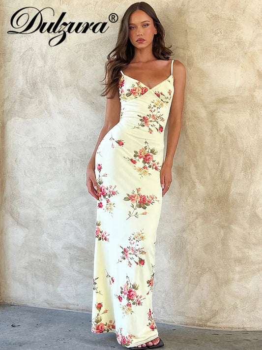 Dulzura Sexy Y2K Floral Print Sleeveless Backless Bodycon Maxi Dress for Women 2023 - Perfect for Clubbing and Parties