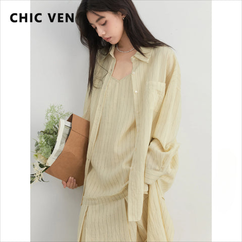 CHIC VEN Women Dress Sets - Stripe Shirt & Loose Casual Dress