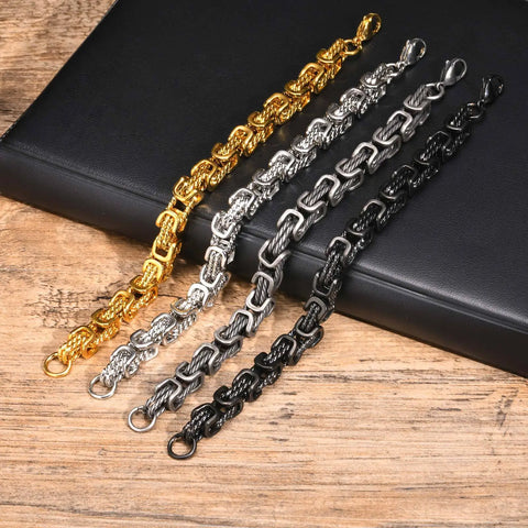 Men's Chunky Byzantine Bracelet - Retro Grey 8mm Stainless Steel Braided Link Wristband
