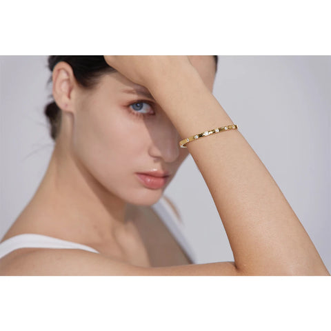 Yhpup Stylish Cubic Zirconia Stainless Steel Wrist Bangle Bracelet - 18K Gold Plated Waterproof Jewelry for Women