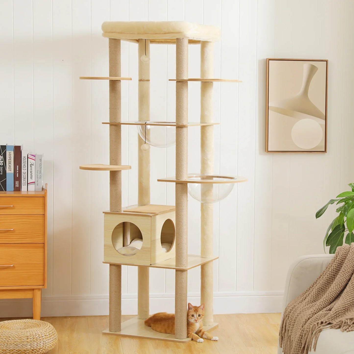 Multi-Level Cat Tree for Indoor Cats - Spacious Wood Tower with Scratching Posts, Hammock, and Perch
