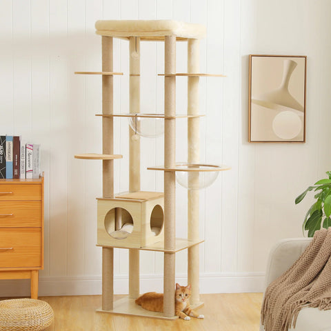 Kattenboom met meerdere niveaus voor binnenkatten - Ruime houten toren met krabpalen, hangmat en zitstok