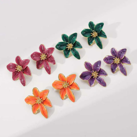 Vintage Red Enamel Flower Stud Earrings - Sweet Dripping Oil Style for Women