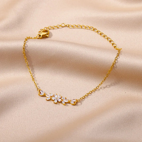 Elegant Zircon Flowers Bracelet for Women and Girls – Luxury Gold Color Stainless Steel Plant Charm Jewelry