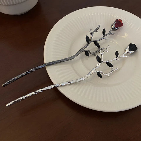 2025 Vintage Rose Flower Crystal Branch Hairpin - Elegant Metal Texture Headwear Jewelry for Women