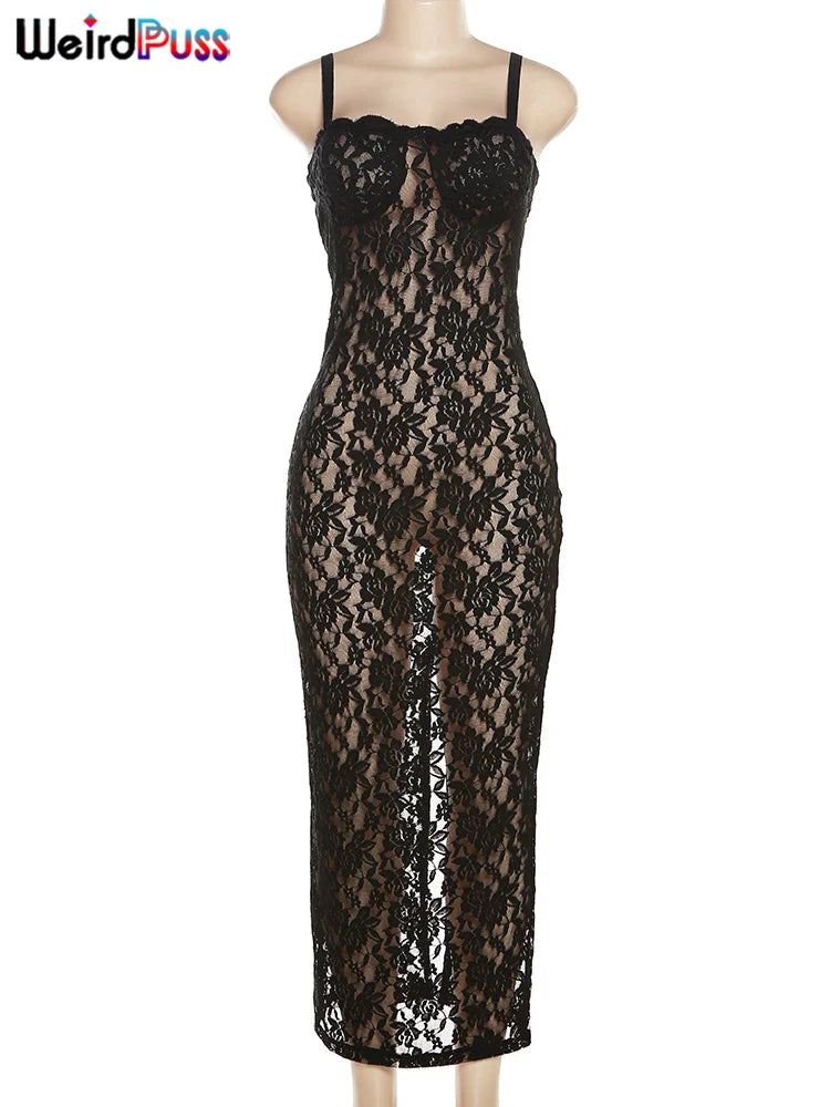 Weird Puss Lace Black Maxi Dress - See Through Sleeveless Ladies Bodycon