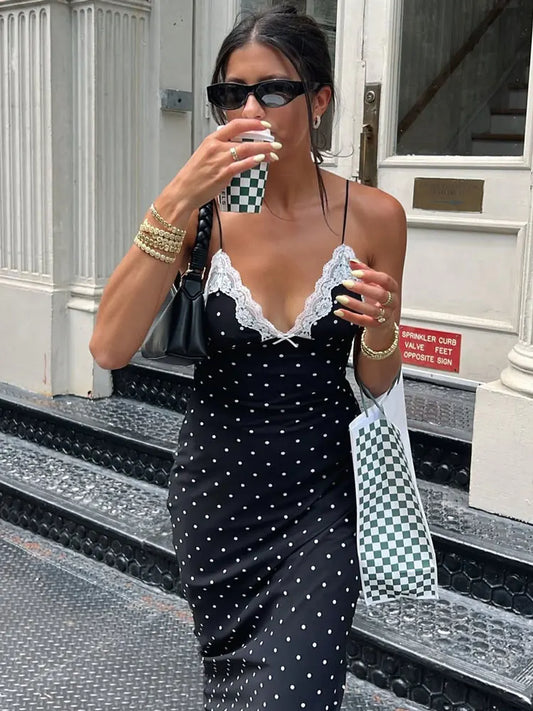 Tossy Spitze V-Neck Patchwork Maxi Dress for Women - Backless High Waist Slim Fit Spaghetti Contrast Party Dress