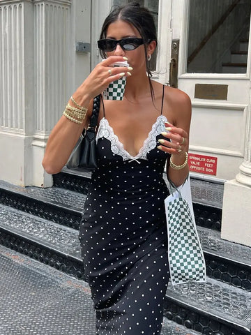 Tossy Spitze V-Neck Patchwork Maxi Dress for Women - Backless High Waist Slim Fit Spaghetti Contrast Party Dress