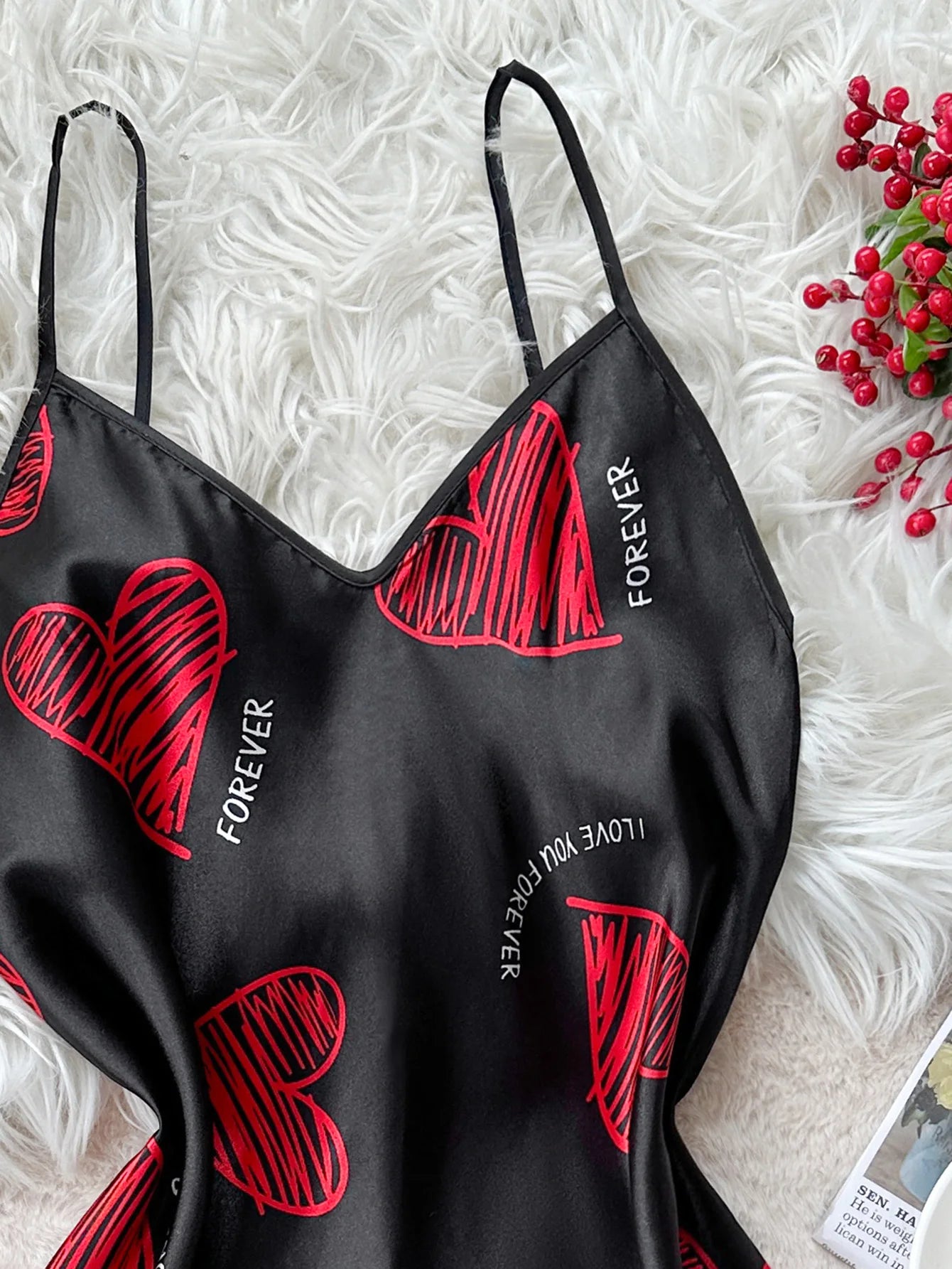 Valentine's Day Red Lip Print Satin Slip Nightdress