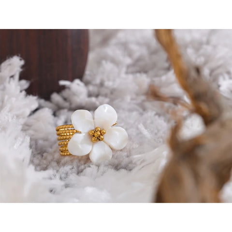 Yhpup Thicker Natural Shell Flower Open Gold Color Ring - Fashion Stainless Steel Waterproof Jewelry