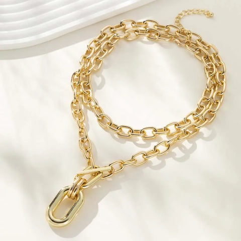 Exaggerated Gold Color Big Elliptical Pendant Necklace for Women - Punk Hip Hop Metal Chunky Chain OT Buckle Jewelry Gift