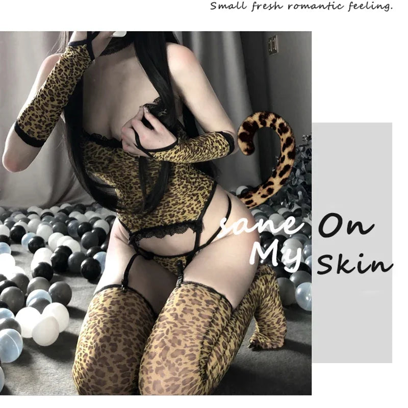 Leopard Cat Girl Cosplay Lingerie Bodysuit with Socks