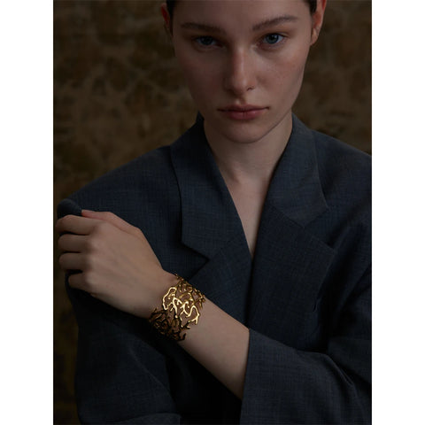 Yhpup Statement Stainless Steel Twig Geometric Hollow Wide Cuff Big Bracelet Bangle for Women - Waterproof Large Jewelry