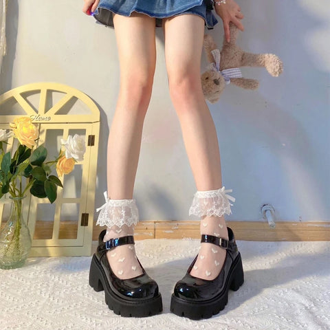 Women’s Lolita Transparent Mesh Crew Socks with Ruffled Lace Trim and Bowknot