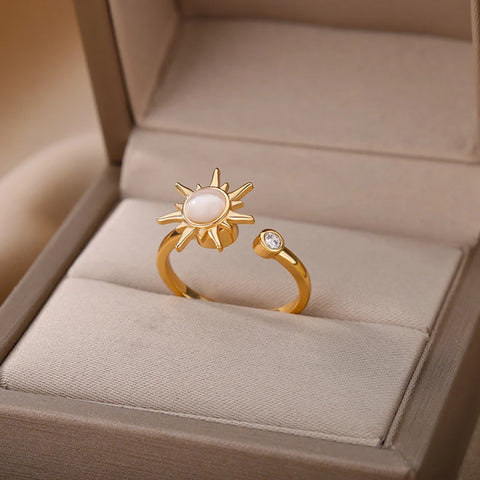 Rotating Sun Opal Ring for Women - Adjustable Stainless Steel Retro Charm Jewelry