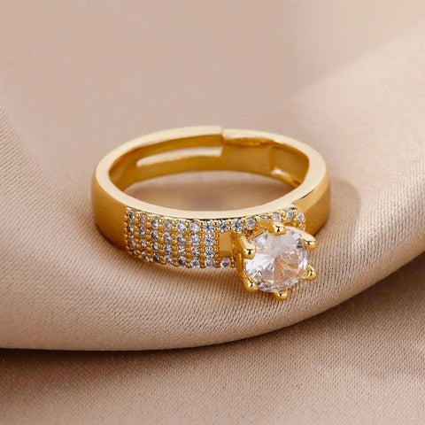 Stainless Steel Round Rings for Women - Geometric Gold Color Crystal Ring - Aesthetic Wedding Party Jewelry Gift