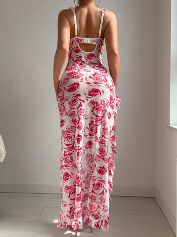 Elegant Women's Floral Long Dresses with Asymmetric Ruffles - 2PC Set for Evening Parties