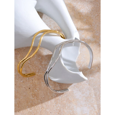 Yhpup Unique Stainless Steel Double Layer Hollow Adjustable Cuff Bracelet - Minimalistic Wrist Charm Jewelry Gift