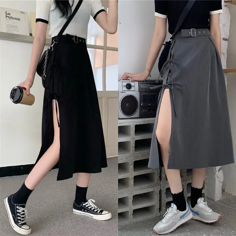 Vintage Dark Gothic High Split Mid-Calf Skirt for Women - Elegant Fashion for Parties and Clubs