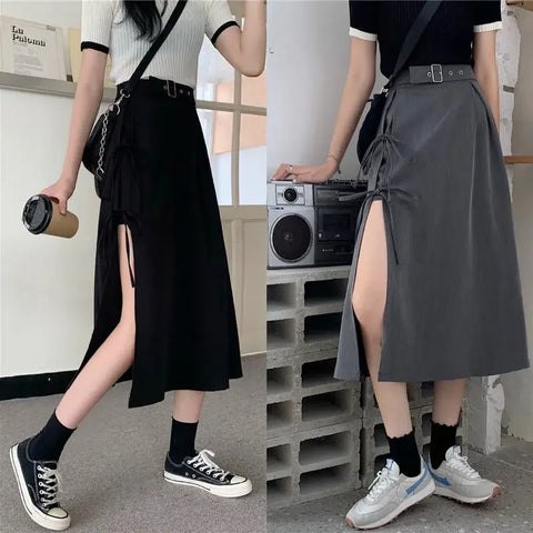 Vintage donkere gotische rok met hoge split en halve kuit voor dames - elegante mode voor feesten en clubs 