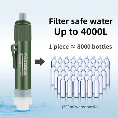 PACOONE Mini Camping Purification Water Filter Straw with TUP Carbon Fiber Water Bag for Survival & Emergency Supplies