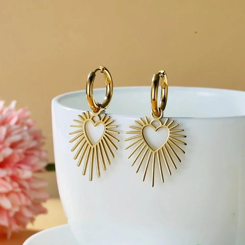 Skyrim Geometric Heart Sun Pendant Drop Earrings - Stainless Steel Hoop Earrings for Women