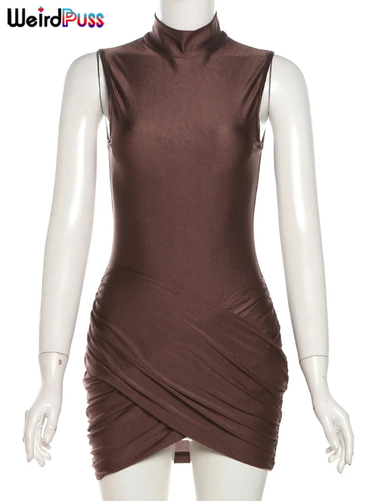 Weird Puss Cross Ruffles Mini Dress - Women's Summer Sexy Solid Half High Collar Sleeveless Trend Chic Party Clubwear