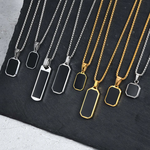 Stylish Men's Black Enamel Necklaces - Stainless Steel Geometric Square Pendant Jewelry