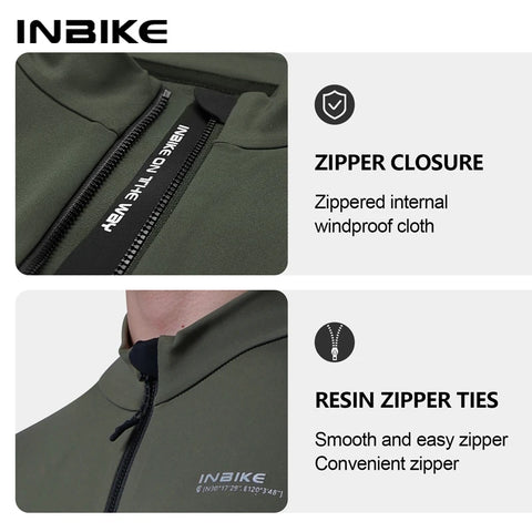 INIBKE Long Sleeved Men's Cycling Jersey - Winter Fleece Bicycle Jersey with Reflective Full Zipper and 3 Rear Pockets