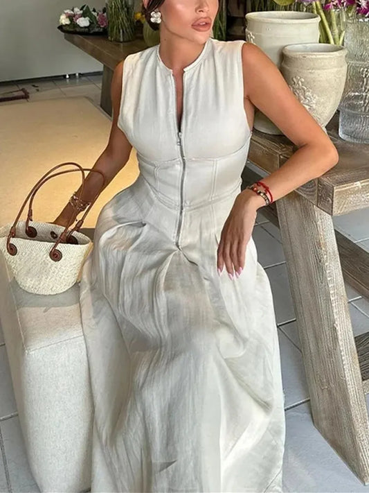 MUJER Zipper Long Dress - Elegant Summer Midi Dress