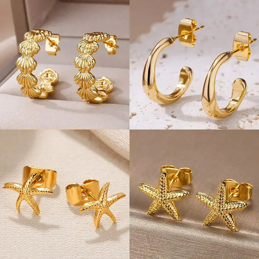 Vintage Gold Shell Earrings for Women - C-shaped Starfish Butterfly Stainless Steel Jewelry