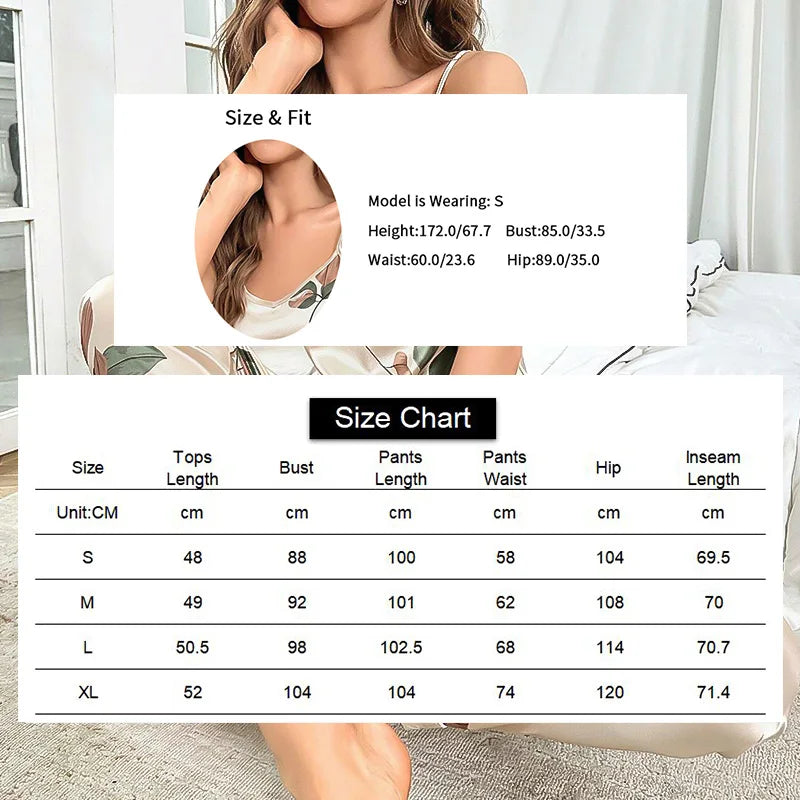Women's Elegant Leaf Print Satin Pajama Set