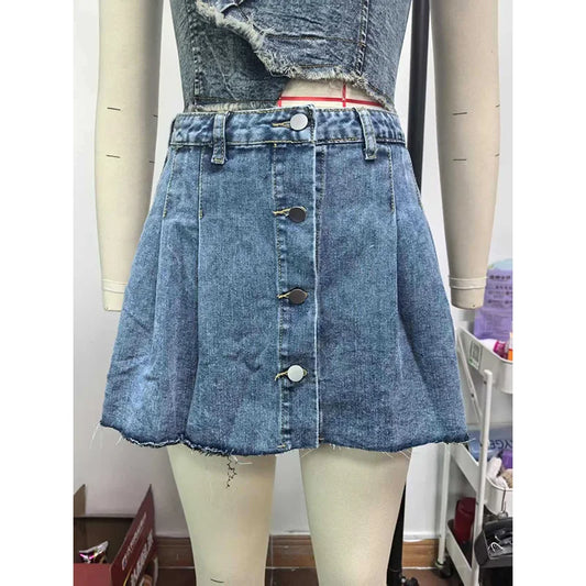 Benuynffy geplooide korte rokken met knoopjes aan de voorkant voor dames - Zomer hoge taille A-lijn denim minirokken met ruwe zoom