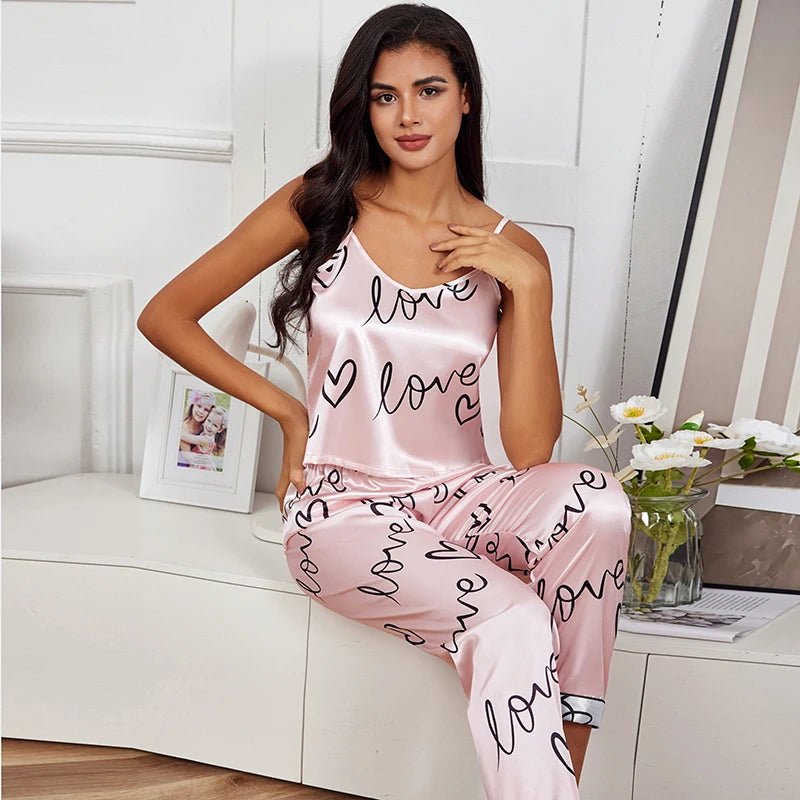 Women Satin Silk Pajamas Sets with Letter Print