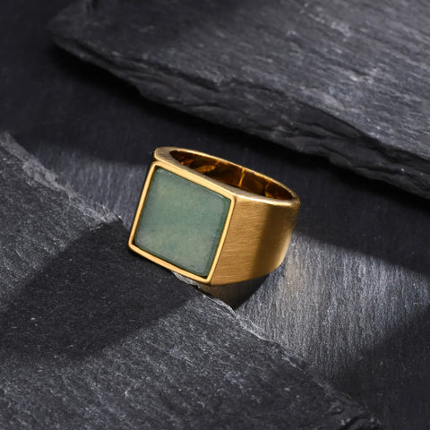 Natural Green Stone Ring for Men and Boys - Stylish Gold Color Stainless Steel Punk Ring