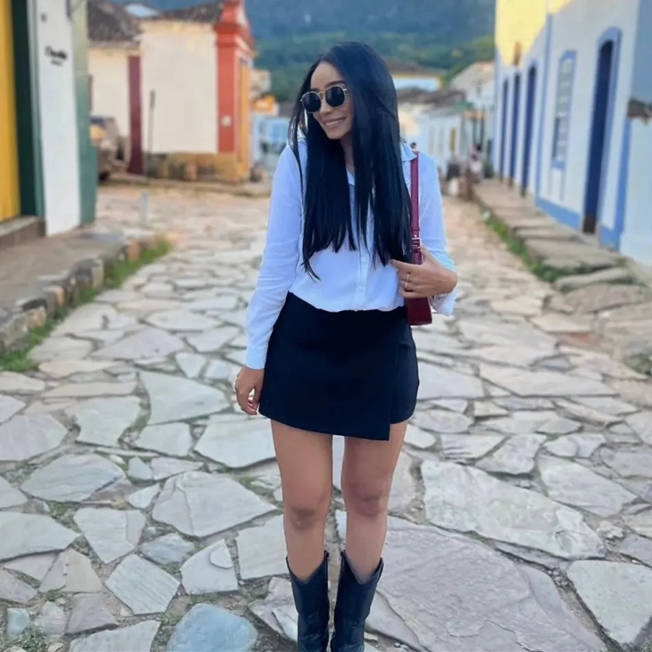 MUJER 2025 Asymmetric Skort for Women - Black High Waist Mini Skirt Shorts