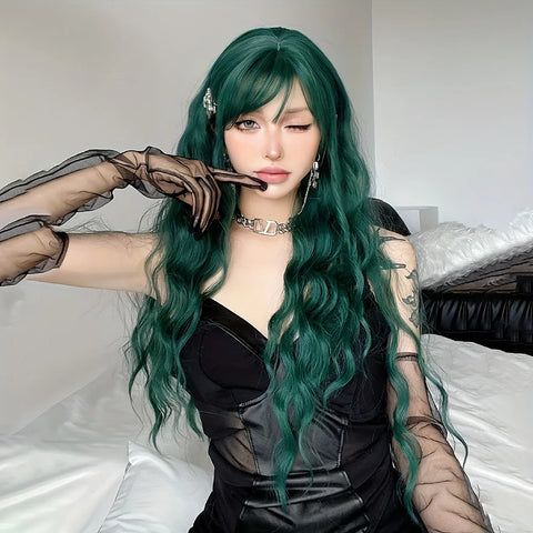 Light Green Long Wavy Synthetic Wig with Bangs - Blackish Green Cosplay Wig for Women, Ideal for Halloween