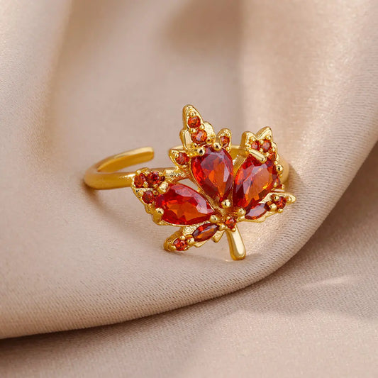 Zircon Maple Leaf Ring for Women - Gold Color Stainless Steel Fashion Jewelry