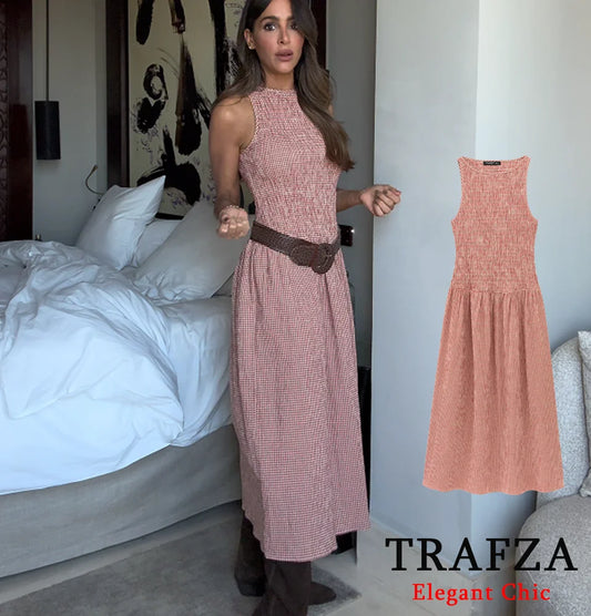 TRAFZA Women Elegant Plaid Vest Dress