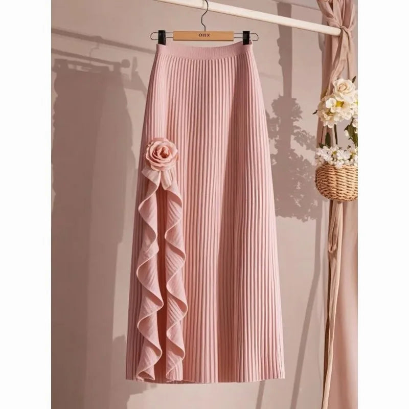 OCEANLOVE Irregular Ruffles Women Skirts - Elegant Retro Pleated A-line Skirt for Autumn & Winter