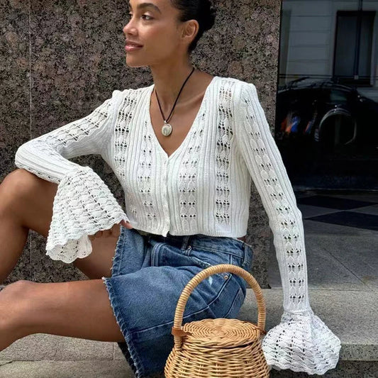 TARUXY Hol gebreide cardigan - Dames effen lange mouwen V-hals korte trui top