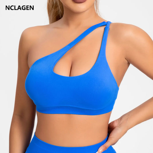 NCLAGEN Asymmetric Sports Bra Gym Top for Women - High Support Halter Backless Fitness Activewear