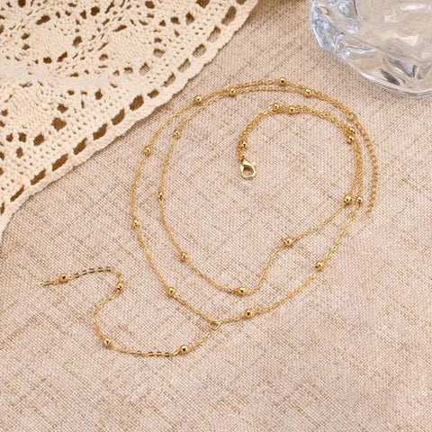 Fashion Gold Color Double Layered Long Chain Drop Necklace for Women - Simple Metal Geometric Bead Tassel Choker Jewelry