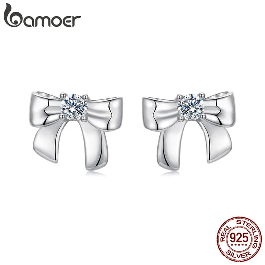 BAMOER Bow Moissanite Stud Earrings – 925 Sterling Silver Ribbon Design