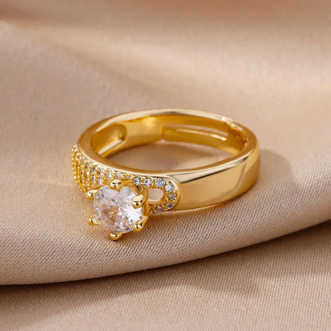 Stainless Steel Round Rings for Women - Geometric Gold Color Crystal Ring - Aesthetic Wedding Party Jewelry Gift